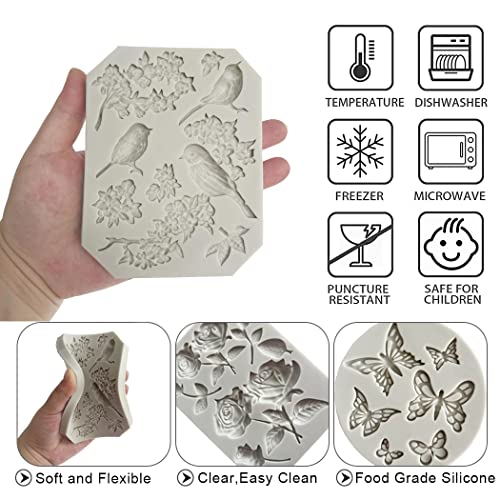 Fantasybear 3Pcs Mold Set Blossoms Butterfly And Birds Silicone Molds, For Cake Decoration,Chocolate Fondant,Cupcake Topper,Polymer Clay, Crafting Projects,Resin Jewelry Casting #TOP4