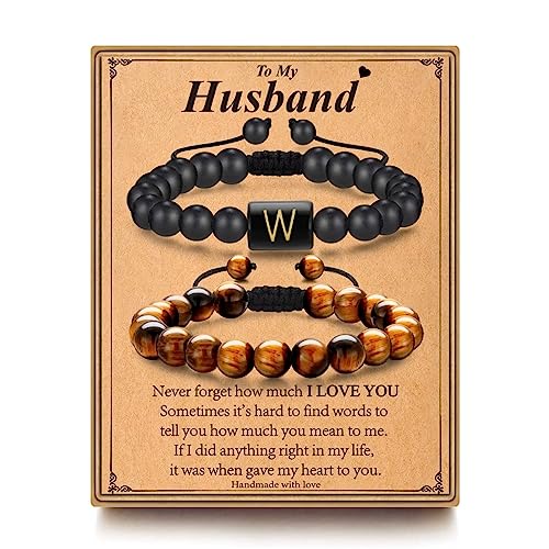 MONOZO Bracelets Gifts for Men Husband from Wife, 8mm Tiger Eye & Black Agate Initial W Bracelets Husband Gifts Unique Gifts for Husband Birthday Christmas Valentine Day Gifts for Men Him Husband