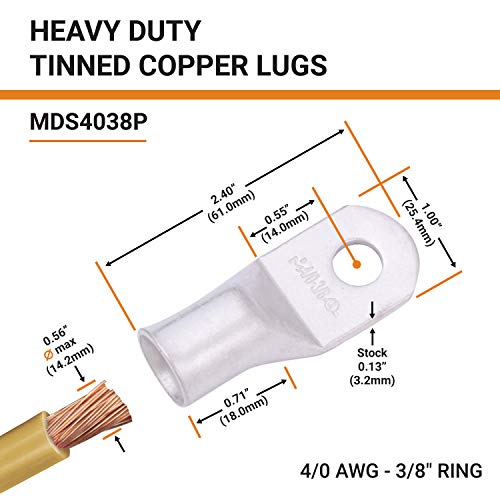 Image of SELTERM 2pcs 4 /0 AWG 3 /8 inch Stud Marine Grade Tinned Copper Battery Lugs