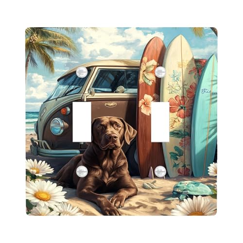 Placas de cubierta de interruptor de luz para perro de playa, cachorro marrón costero con tablas de surf, decoración de pared de verano, placas de pared termoplásticas, doble palanca de tamaño