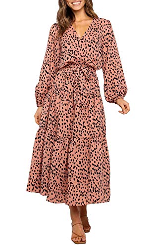 MITILLY Women's Boho Leopard Print Ruffle Long Sleeve V Neck Casual Flowy Party Maxi Dress Khaki Medium