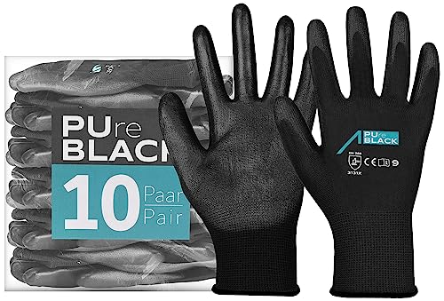 ACE Pure Black Arbeits-Handschuh - 10 Paar feinfühlige Schutz-Handschuhe für die Arbeit - EN 388-07/S (10er Pack)