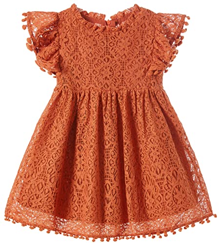 Beganly Mädchen Elegante Prinzessin Spitzenkleid Kleinkind Vintage Pom Pom Flatterärmel Party Kleider Ziegelrot 110 Brick Red