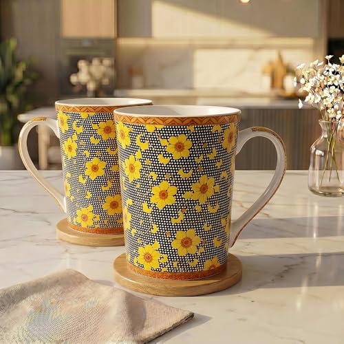 Image of U.P.C.Milk Mug Set of 2 | Ceramic & Bone China Coffee Milk Cups | Designer Printed Tea Coffee Mug Set | Large Capacity Milk Mugs | Microwave Safe Cup Set | Kitchen Drinkware Gift Set (UPC MM-A06)