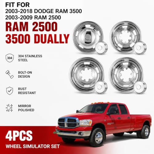 Image of 4pcs 17 inch Protective Polished Stainless Steel Dually Wheel Simulators, Waterproof Screw On Wheel Cover with Removable Centre Cap, 8 Lug Hubcaps Kits Fit for 03-18 Dodge Ram 3500 708DR
