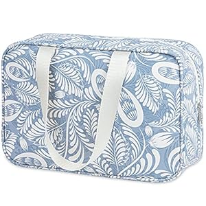 Full Size Toiletry Bag Large Cosmetic Bag Travel Makeup Bag Organizer for Women and Girls (Blue Leaf)