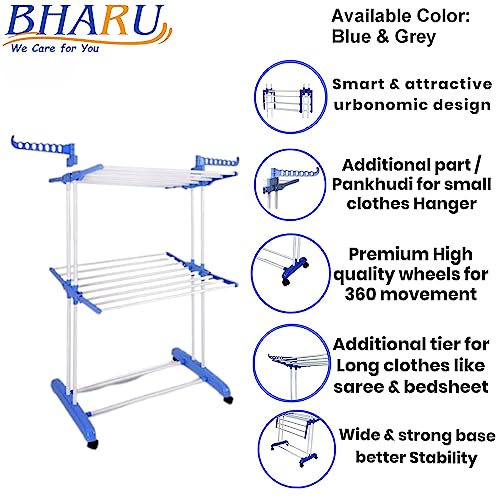 Image of Premium Foldable Stainless Steel Cloth Drying Stand (Blue, 2 Teir)