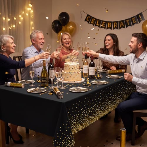 Image of tujol Black and Gold Disposable Plastic Table Cloth Roll 54 inch X 100'