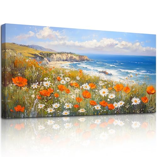crmotu Coastal Wall Art, Flower Pictures Wall Decor, Large Landscape Wall Art, Wildflower Field Art Prints, Ocean Aesthetic Paintings for Living Room Bedroom Hotel, Office Wall Decor 24x48inch