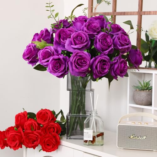 JUSTOYOU 20 PCS Purple Rose Artificial Flower,Silk Blooming Rose with Stem,Artificial Rose Bouquet Realistic Flower for Home Table Office Party Wedding Garden Arrangements(Blossom Roses purple) - Image 4