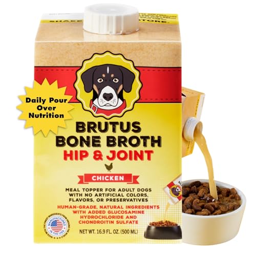 Brutus Broth Chicken Bone Broth for Dogs - Meal Topper with Glucosamine & Chondroitin | Liquid Chicken Bones Broth 16.9 FL Oz | Hydrating Wet Dog Food Topper Supports Hips and Joints of Dogs Cats