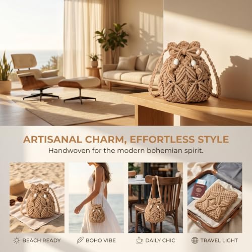 Image of Beach Bags for Women Stylish Khaki Straw Woven Crossbody Crochet Bag for Summer Seaside Vacation