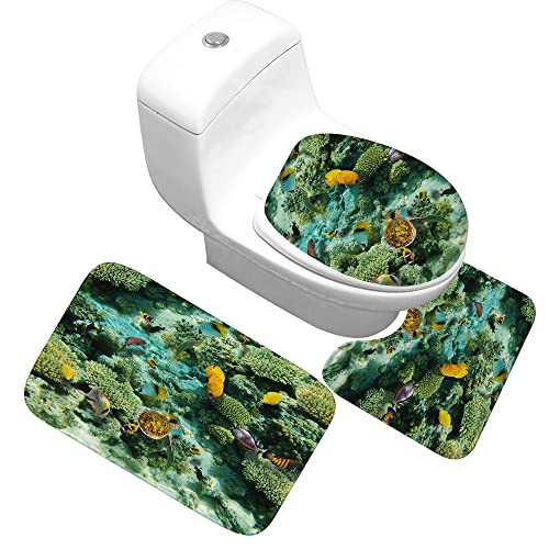 Badteppich Set,Badematten Teppich-Set 3-Teiliges Unterwasser-Korallenriff 3D-Druck Rutschfeste Badematten Weiche…