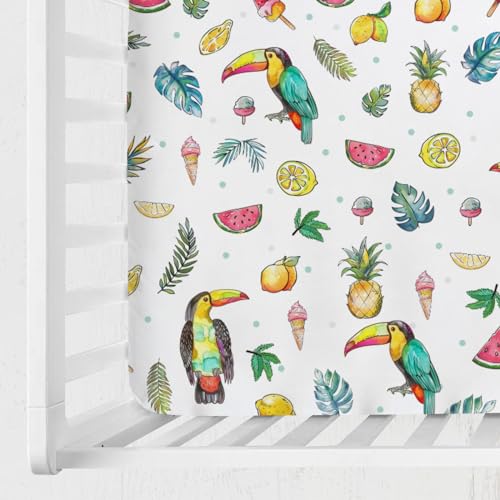 Image of Watercolor Summer Toucan Baby Crib Sheets 52''x28'' Lemon Pineapple Watermelon Tropical Leaves Snug Fitted Crib Mattress Sheet for Boy Girl Soft Nursery Bed Sheets for Standard Crib Toddler Mattress