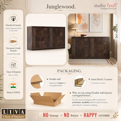 Image of Studio Kook Livaa Wide 6 Drawer Chest of Drawers, Junglewood | Engineered wood, 149x40x86 cm, six drawers on telescopic runners holding 15 kg each, 66x33x19 cm inside, 6 mm PVC legs