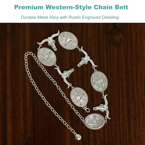 Cowboy Chain Belts for Women Western Silver Belt with Turquoise Accents Cowgirl Bull and Horseshoe Waist Belt Gold Corset Style Dress Belt Plus Size Womens Outfits Fit Waist Size Below 44"3
