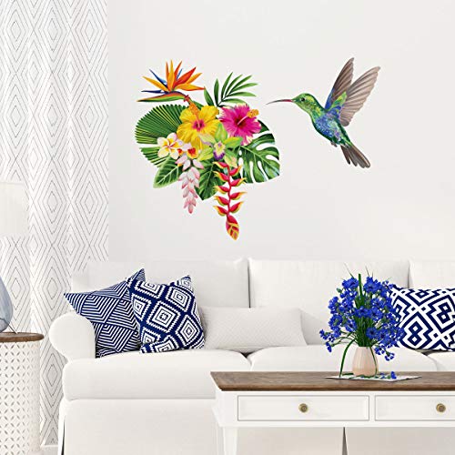 Sticker Mural Fleur Tropicale et Colibri - Décoration mural Salon et Chambre - Autocollant mural Oiseaux - 20x25CM Cover