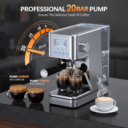 Espresso Machine, 20Bar Compact Stainless Espresso Maker, With Milk Frother Steam Wand, 57.5OZ Removable Water Tank, Displays Making Time & Water Temperature, Cold Brew & Cappuccino, Silver - Image 3