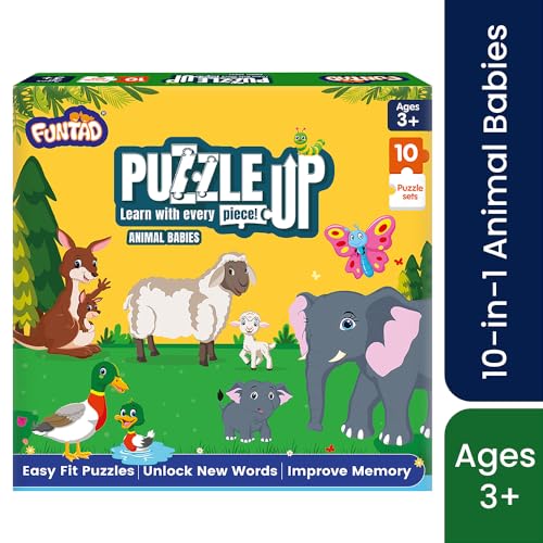 Image of PuzzleUp Learn Animal Babies | 10-in-1 Entry Level Puzzle | 45 Big Size Jigsaw Pieces | Montessori Educational Toy to Improve Memory & Unlock New Words |Gift for Boys & Girls Age 3, 4 & 5 yrs