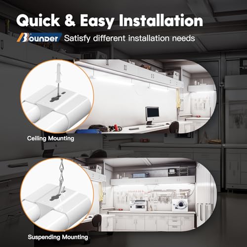 Image of BBOUNDER 4 Pack Linkable LED Utility Shop Light, 4400 LM, Super Bright 6500K Cool Daylight, 4 FT, 48 Inch Integrated Fixture for Garage, 40W Equivalent 250W, Surface + Suspension Mount, White