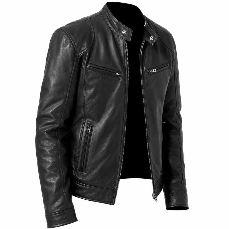 Image of Men's Real Leather Jacket Biker Motorcycle Cafe Racer Vintage Retro Bomber Winter Black Genuine Leather Jacket