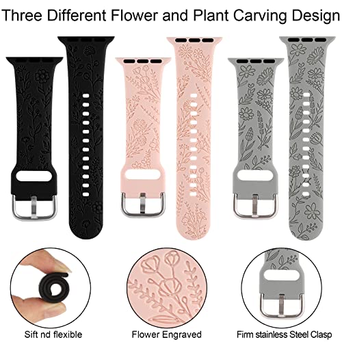 Floral Engraved Sport Bands Compatible With Apple Watch Band 38Mm 40Mm 41Mm, Women Cute Flower Pattern Soft Silicone Strap Smartwatch Wristband Accessories For Iwatch Series 8 7 6 5 4 3 2 1 Se #TOP3
