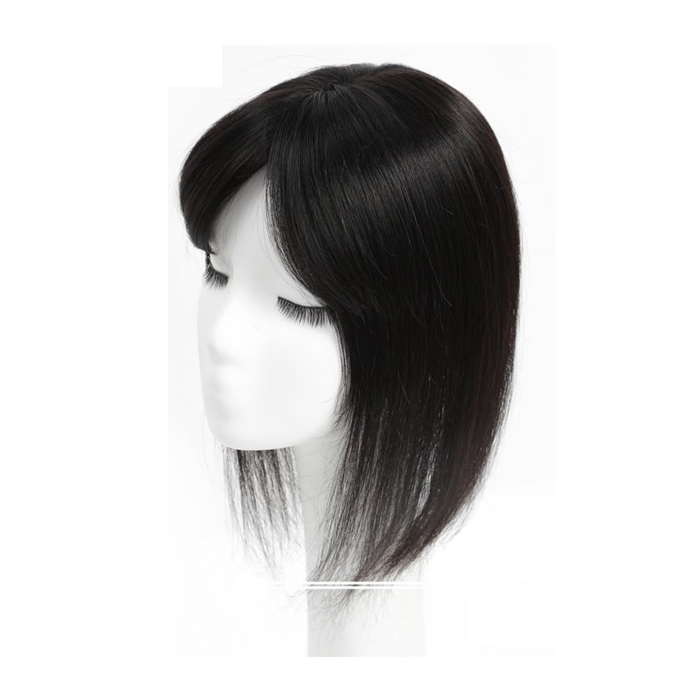 Topper for capelli umani con frangia for donna, clip in base in seta da 12 x 13 cm(30 cm,Natural Black)