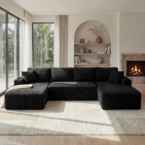 Image of 125 Inch Modular Sectional Sofa, Cloud Couch Oversized U Shaped Corduroy Sofa with Storage & Cupholders, Modern Deep Seat Boneless Couches for Living Room, No Assembly Required, Black