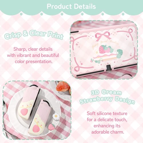 Image of GeekShare Protective Case for Switch OLED Slim Cover Case Compatible with Switch OLED Separable Soft Silicone Protective Shell for Game Console with 2 Thumb Grip Caps - Spring Strawberry (Pink)