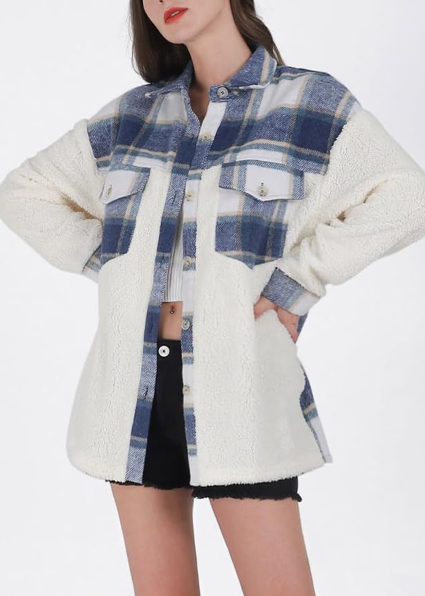 utcoco Women's Flannel Button Down Fleece Jacket Fall Fuzzy Plaid Blouse Jacket Winter Lightweight Coats4