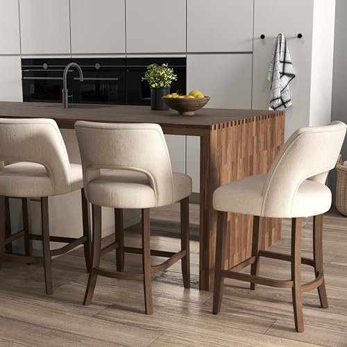 Image of VKNOW Bar Stools Set of 2,Upholstered Counter Height Bar Stools,Modern Counter Stools with Wood Legs for Kitchen Island Dining Room Bar,White