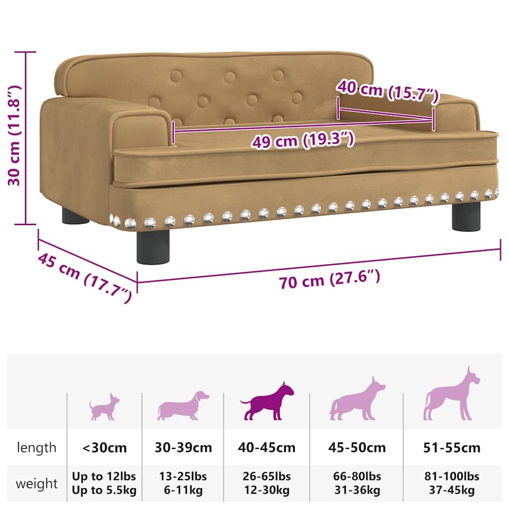 Cuccia per cani in velluto marrone con schiuma, 70 x 45 x 30 cm, robusto divano in legno di pino per cani di piccola taglia, antiscivolo, lavabile, ideale come cuccia per animali domestici