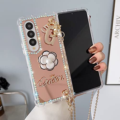 Omio for Galaxy Z Fold 4 5G Mirror Case with Crossbody Lanyard Luxury 3D Sparkle Crystal Diamond Bling Glitter Cute Slim Makeup Hard PC Phone Cover for Women Girls, Gold