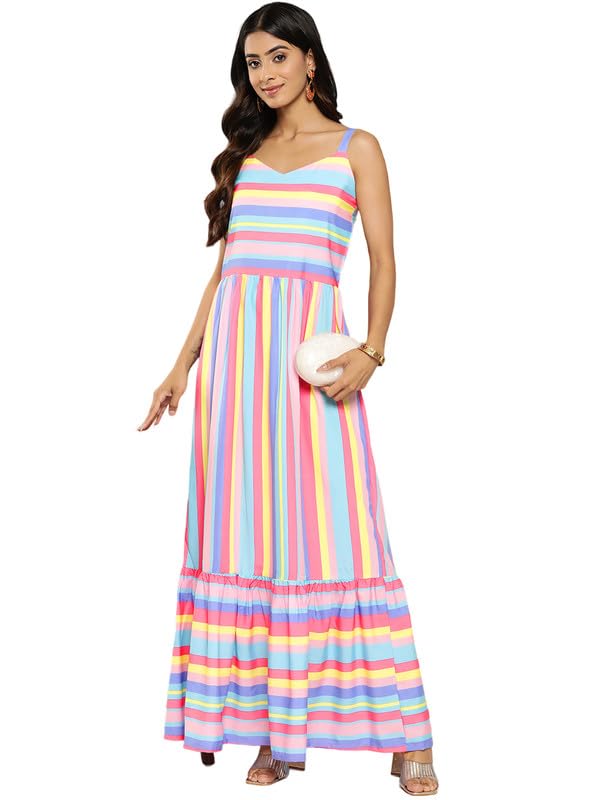 Image of Ahalyaa Striped Crepe Maxi Ethnic Dress