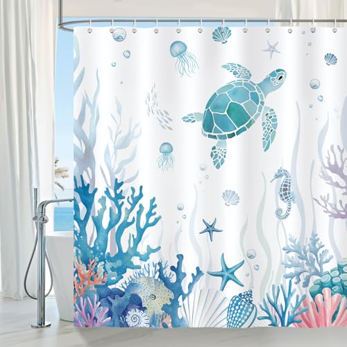 COZZSNUGE Rideau de Douche Tortue Marine, Rideau de Baignoire Côtier Poisson Corail Océan Bleu 183 x 183 cm Polyester Imperméable Résistant à la...