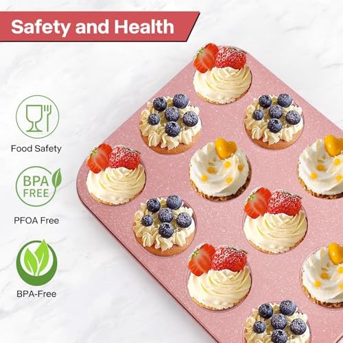 2-Pack Pink Nonstick Muffin Pans, 12-Cup Muffin Cake Pan, 5-Layer Free PFOA/PFOS/PTFE Safe Cupcake Pan, Durable & Easy-Clean Muffin Cup for Baking - Thumbnail 3