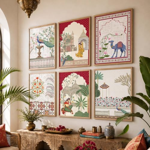 Image of kotart Pichwai Art Painting for Wall Decoration|Framed Wall Painting for Home Room Bedroom Office Wall Decor|Traditional Indian Wall Art Madhubani Paintings for Living Room|set of 6 (B, 10x13 inch)