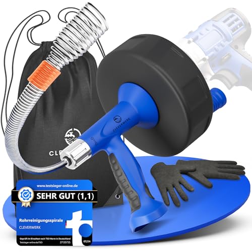 CLEVERWERK Rohrreinigungsspirale 7,5m [Spannfutter] Metermarkierungen Abflussreiniger Spirale Abfluss Rohrreinigung Abflussspirale für Waschbecken, Bad, Küche