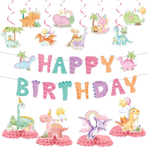 Image of Girl Dinosaur Party Decorations, 14 PCS Pastel Dino Happy Birthday Banner Hanging Swirls Table Decor, Pink Girly Cute Dinosaur Bday Party Supplies