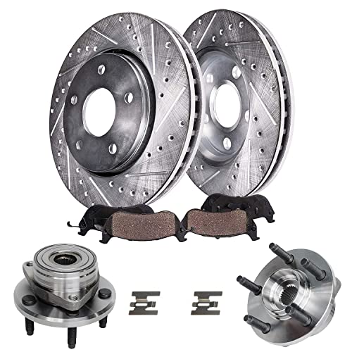 Image of Detroit Axle - Front Brake Kit Wheel Bearing for 1996-2000 Ford Taurus | Mercury Sable, Drilled Slotted Disc Brake Rotors Ceramic Pads Wheel Hub and Bearing Assembly Replacement