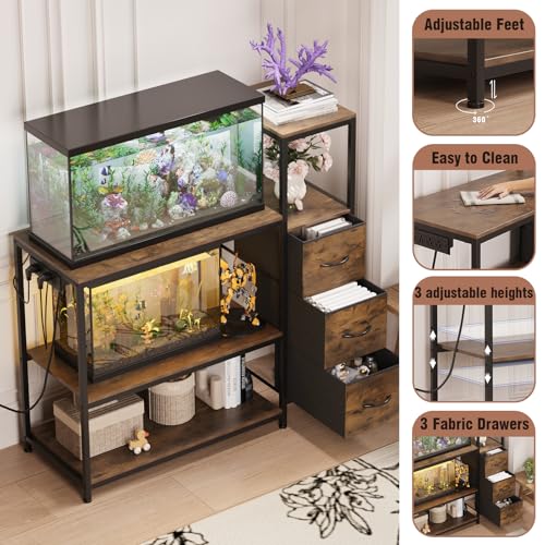 Image of 20 Gallon Aquarium Stand with Power Outlets Fish Tank Stand with 3 Drawers Metal Frame Heavy Duty Reptile Tank Stand with 3-Tier Storage Shelves,Left /Right Assembly, Adjustment Height