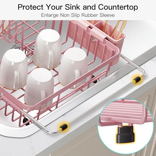 Image of JASIWAY Pink Dish Drying Rack Over the Sink with Utensil Holder