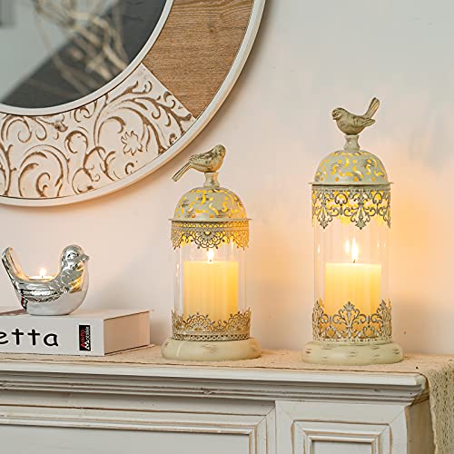 Romadedi Candle Holders Moroccan Decorative Lantern - Tabletop Decorative Accent Candle Holder For Pillar Set Of 2 For Home Living Room Mantel Patio Coffee Table Centerpiece Decor, Distressed Ivory #TOP7