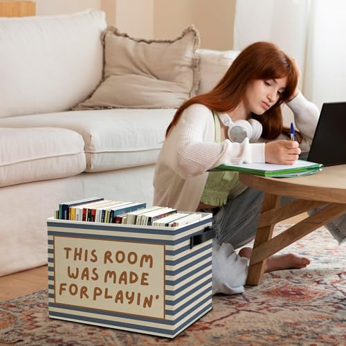 Image of Blue Striped Kids Playroom Storage Bins Box with Handles, This Room Was Made for Playing Collapsible Basket Organizer for Kids Nursery Bedroom Bathroom Playroom Books Clothes