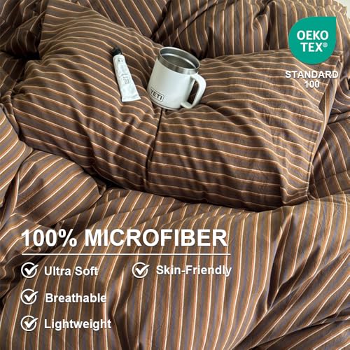 Image of Duvet Cover Set Twin Size Brown Striped Bedding Set for Girls Boys,Modern Back to School Duvet Cover Kids with Zipper Closure and 1 Pillowcase