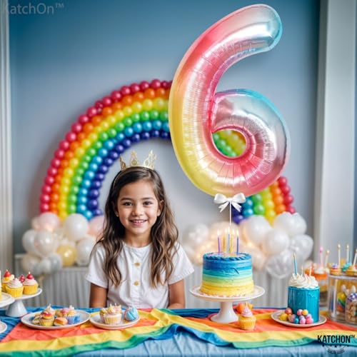 Image of Katchon, 40 Inch Rainbow Pastel Number 6 Balloon For Rainbow Birthday Decor