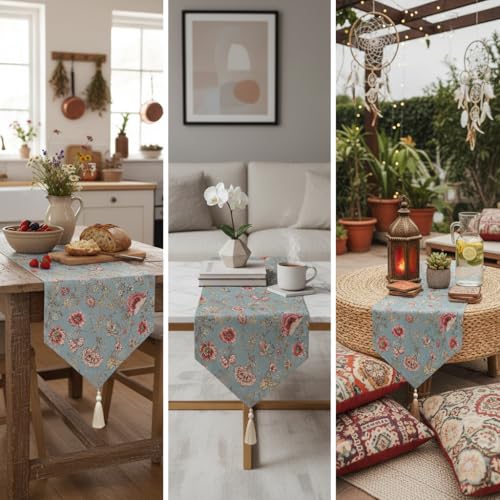 Image of COZY FURNISH Pure Cotton Table Runner with Tassels - Floral Printed 6 Seater Dining Table Runner & Bed Runner | Soft Washable Home Decorative Linen