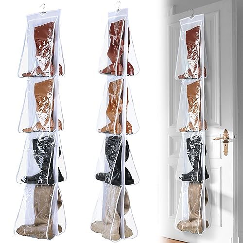 Windyun Sets 16 Large Clear Pockets Fabric Dual Sided Hanging Shoe Rack for Closets Hanging Shoe Organizer with Rotating Hanger Boot Organizer for Storage Men's and Woman's Boots(White)