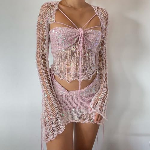 Two Piece Sequin Sets for Women Crochet Hollow Sweater Knit Skirt and Crop Top Set Party Sexy Y2K Going Out Outfits2