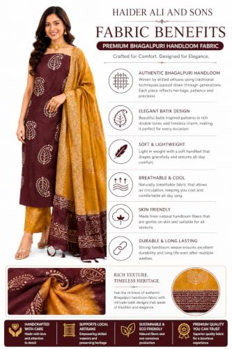 Image of HAIDER ALI AND SONS Women's Cotton Silk Batik Print Unstitched Dress Material with Dupatta | Handloom Salwar Suit Material | Kurta Fabric, Bottom & Dupatta Set | Ethnic Wear for Office